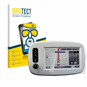 Front side of a product packaging with the brand logo BROTECT. Next to it is the device TomTom Smart 453 2018 shown with the c