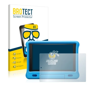 Front side of a product packaging with the brand logo BROTECT. Next to it is the device Amazon Fire HD 10 Kids 2019 (9th Gen.)