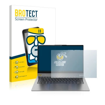 Front side of a product packaging with the brand logo BROTECT. Next to it is the device Lenovo Yoga C940 14
