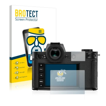 Front side of a product packaging with the brand logo BROTECT. Next to it is the device Leica SL2 shown with the corresponding