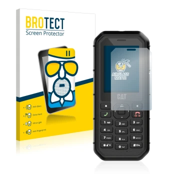 Front side of a product packaging with the brand logo BROTECT. Next to it is the device Caterpillar Cat B26 shown with the cor