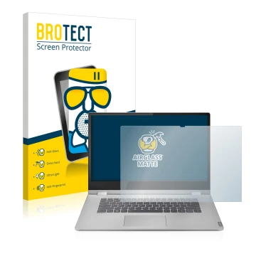 Front side of a product packaging with the brand logo BROTECT. Next to it is the device Lenovo IdeaPad C340 15