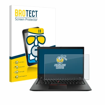Front side of a product packaging with the brand logo BROTECT. Next to it is the device Lenovo ThinkPad T490s shown with the c