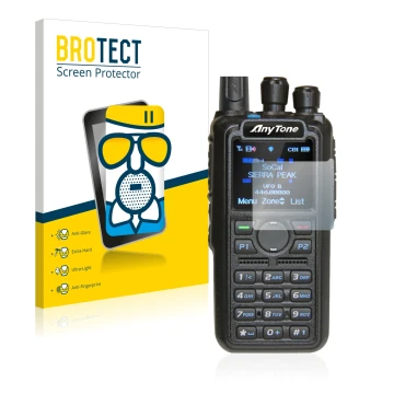 Front side of a product packaging with the brand logo BROTECT. Next to it is the device AnyTone AT-D878UV shown with the corre
