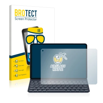 Front side of a product packaging with the brand logo BROTECT. Next to it is the device Huawei MatePad Pro (2019) shown with t