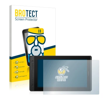 Front side of a product packaging with the brand logo BROTECT. Next to it is the device Huion Kamvas Pro 16 Premium shown with