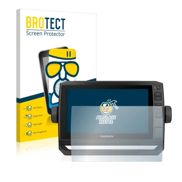 Front side of a product packaging with the brand logo BROTECT. Next to it is the device Garmin ECHOMAP UHD 92sv shown with the