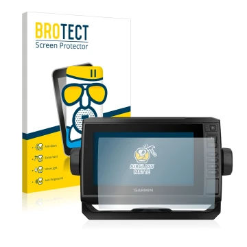 Front side of a product packaging with the brand logo BROTECT. Next to it is the device Garmin ECHOMAP UHD 72cv shown with the