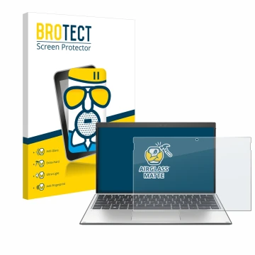 Front side of a product packaging with the brand logo BROTECT. Next to it is the device HP Elite x2 G4 shown with the correspo
