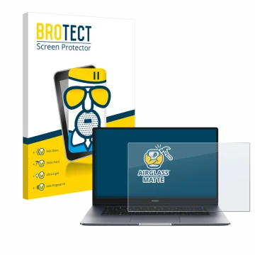 Front side of a product packaging with the brand logo BROTECT. Next to it is the device Honor MagicBook 15