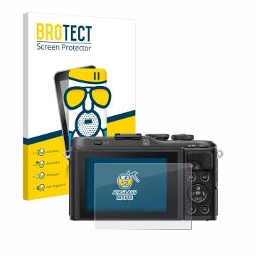 Front side of a product packaging with the brand logo BROTECT. Next to it is the device Olympus PEN E-PL10 shown with the corr