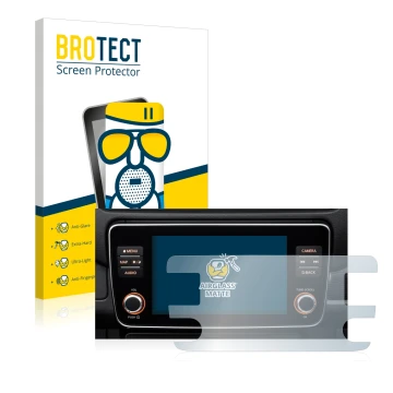 Front side of a product packaging with the brand logo BROTECT. Next to it is the device Nissan Leaf E Plus Infotainment System