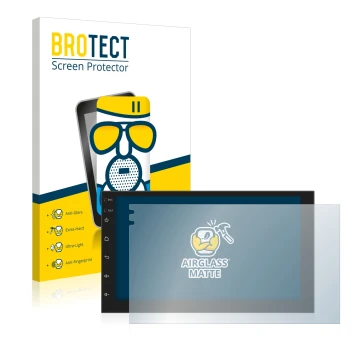 Front side of a product packaging with the brand logo BROTECT. Next to it is the device Phonocar MediaStation 2Din shown with 