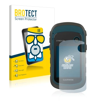 Front side of a product packaging with the brand logo BROTECT. Next to it is the device Garmin eTrex 22x shown with the corres