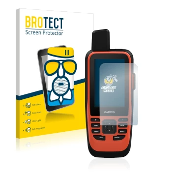 Front side of a product packaging with the brand logo BROTECT. Next to it is the device Garmin GPSMAP 86i shown with the corre