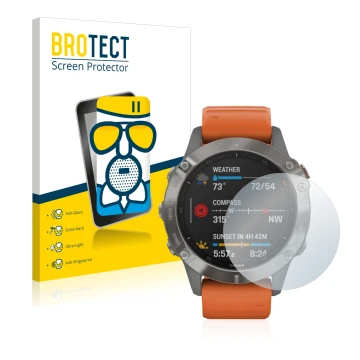 Front side of a product packaging with the brand logo BROTECT. Next to it is the device Garmin Fenix 6 shown with the correspo