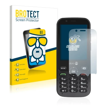 Front side of a product packaging with the brand logo BROTECT. Next to it is the device Doro 7010 shown with the corresponding