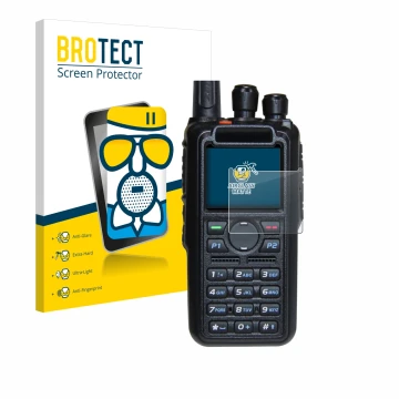 Front side of a product packaging with the brand logo BROTECT. Next to it is the device AnyTone AT-D878UV Plus shown with the 