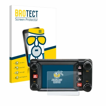 Front side of a product packaging with the brand logo BROTECT. Next to it is the device Yaesu FTM-400XDR shown with the corres
