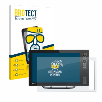 Front side of a product packaging with the brand logo BROTECT. Next to it is the device Humminbird Solix 12 shown with the cor