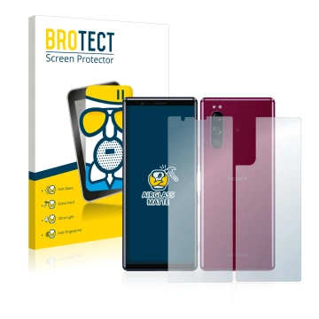 Front side of a product packaging with the brand logo BROTECT. Next to it is the device Sony Xperia 5 (Front+Back) shown with 