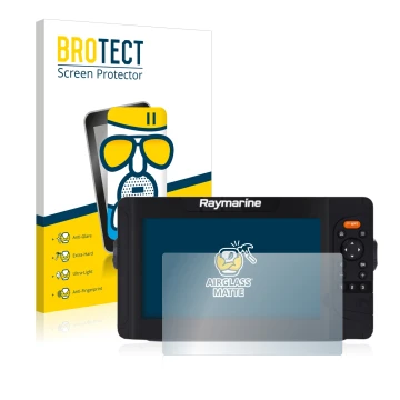 Front side of a product packaging with the brand logo BROTECT. Next to it is the device Raymarine Element 9 HV shown with the 