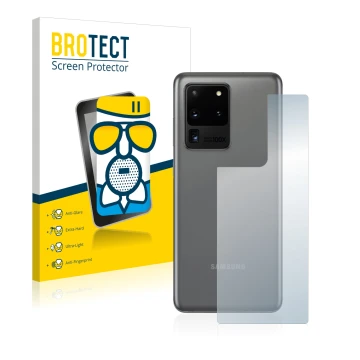 Front side of a product packaging with the brand logo BROTECT. Next to it is the device Samsung Galaxy S20 Ultra (Back) shown 