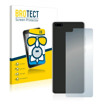 Front side of a product packaging with the brand logo BROTECT. Next to it is the device Huawei P40 shown with the correspondin