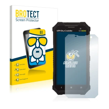 Front side of a product packaging with the brand logo BROTECT. Next to it is the device SkyCaddie SX500 shown with the corresp