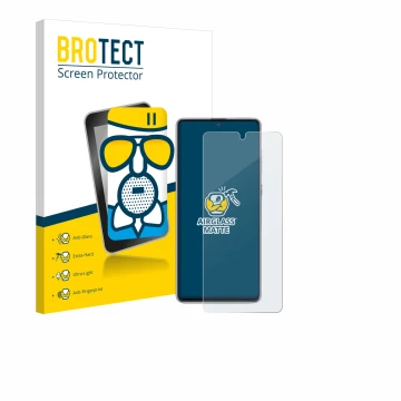 Front side of a product packaging with the brand logo BROTECT. Next to it is the device Samsung Galaxy Note 10 Lite shown with