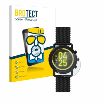 Front side of a product packaging with the brand logo BROTECT. Next to it is the device Skagen Smartwatch Falster 3 shown with