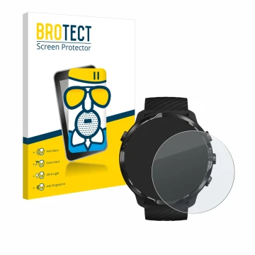 Front side of a product packaging with the brand logo BROTECT. Next to it is the device Suunto 7 shown with the corresponding 