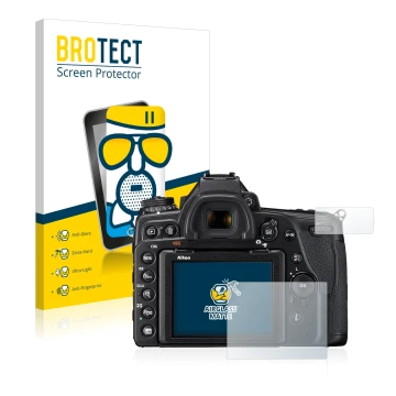 Front side of a product packaging with the brand logo BROTECT. Next to it is the device Nikon D780 shown with the correspondin
