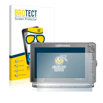 Front side of a product packaging with the brand logo BROTECT. Next to it is the device Lowrance HDS Live 12