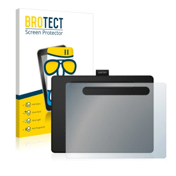 Front side of a product packaging with the brand logo BROTECT. Next to it is the device Wacom Intuos M shown with the correspo