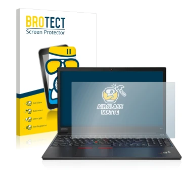 Front side of a product packaging with the brand logo BROTECT. Next to it is the device Lenovo ThinkPad E14 Gen 2 shown with t