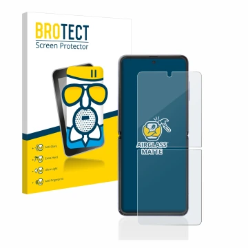 Front side of a product packaging with the brand logo BROTECT. Next to it is the device Samsung Galaxy Z Flip shown with the c