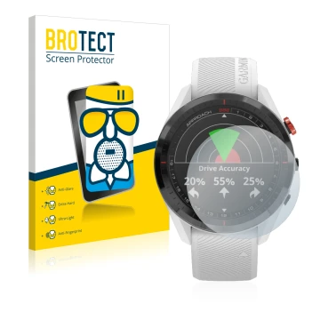Front side of a product packaging with the brand logo BROTECT. Next to it is the device Garmin Approach S62 shown with the cor