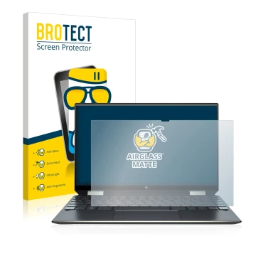 Front side of a product packaging with the brand logo BROTECT. Next to it is the device HP Spectre x360 13-aw0000ns shown with