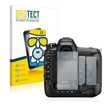 Front side of a product packaging with the brand logo BROTECT. Next to it is the device Nikon D6 shown with the corresponding 