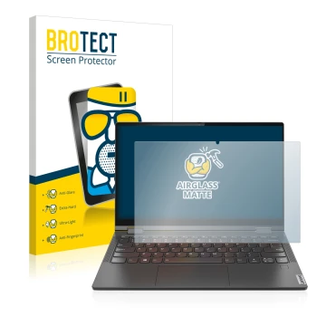 Front side of a product packaging with the brand logo BROTECT. Next to it is the device Lenovo Yoga C640 shown with the corres