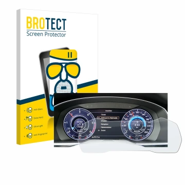 Front side of a product packaging with the brand logo BROTECT. Next to it is the device Volkswagen Passat Active Info Cockpit 