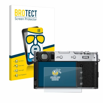 Front side of a product packaging with the brand logo BROTECT. Next to it is the device Fujifilm X100V shown with the correspo