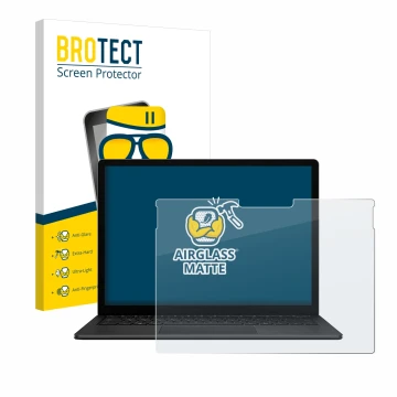 Front side of a product packaging with the brand logo BROTECT. Next to it is the device Microsoft Surface Book 3 13.5