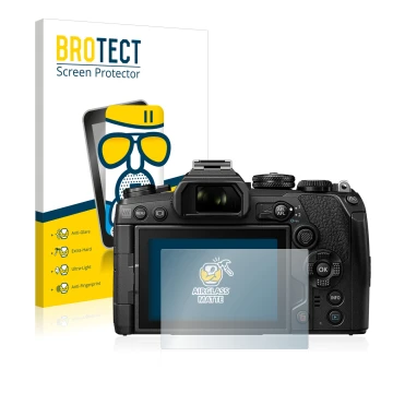 Front side of a product packaging with the brand logo BROTECT. Next to it is the device Olympus OM-D E-M1 Mark III shown with 