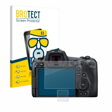 Front side of a product packaging with the brand logo BROTECT. Next to it is the device Canon EOS R5 shown with the correspond