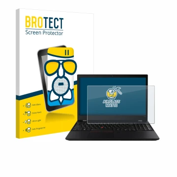 Front side of a product packaging with the brand logo BROTECT. Next to it is the device Lenovo ThinkPad T590 Non-Touch shown w