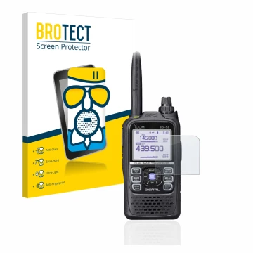 Front side of a product packaging with the brand logo BROTECT. Next to it is the device Icom ID-51E Plus 2 shown with the corr