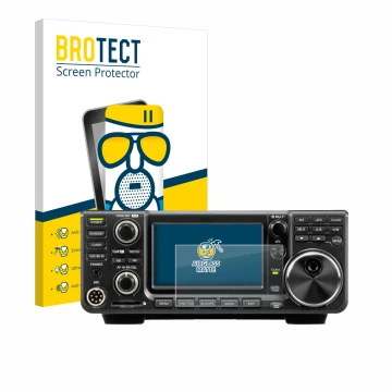 Front side of a product packaging with the brand logo BROTECT. Next to it is the device Icom IC-9700 shown with the correspond