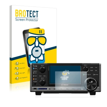 Front side of a product packaging with the brand logo BROTECT. Next to it is the device Icom IC-R8600 shown with the correspon